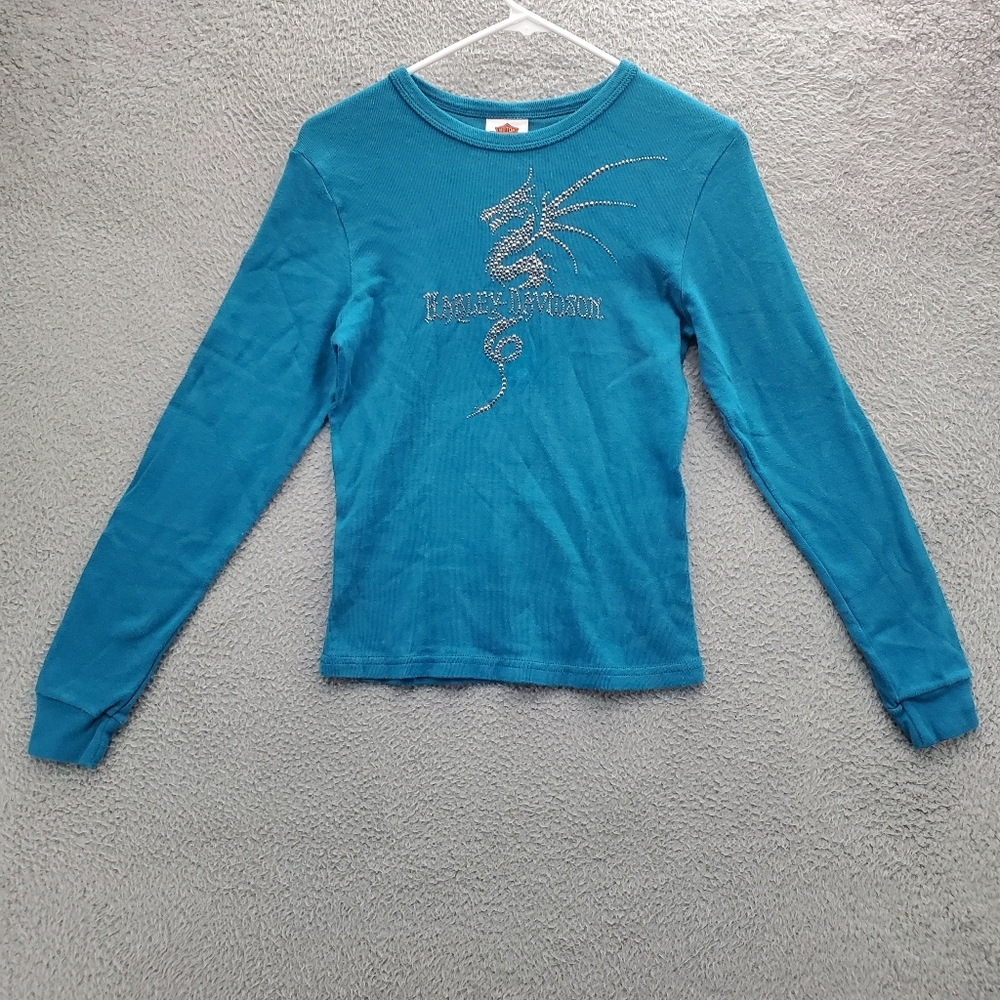 Harley Davidson Sweatshirt Dragon Embellished Womens Small Made In USA Blue
